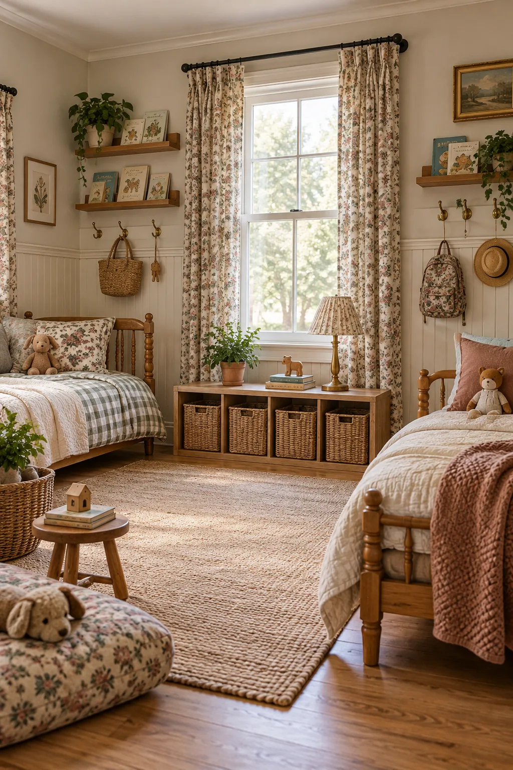 A vintage cottage kids room with cream beadboard, brass hooks, and floral curtains.