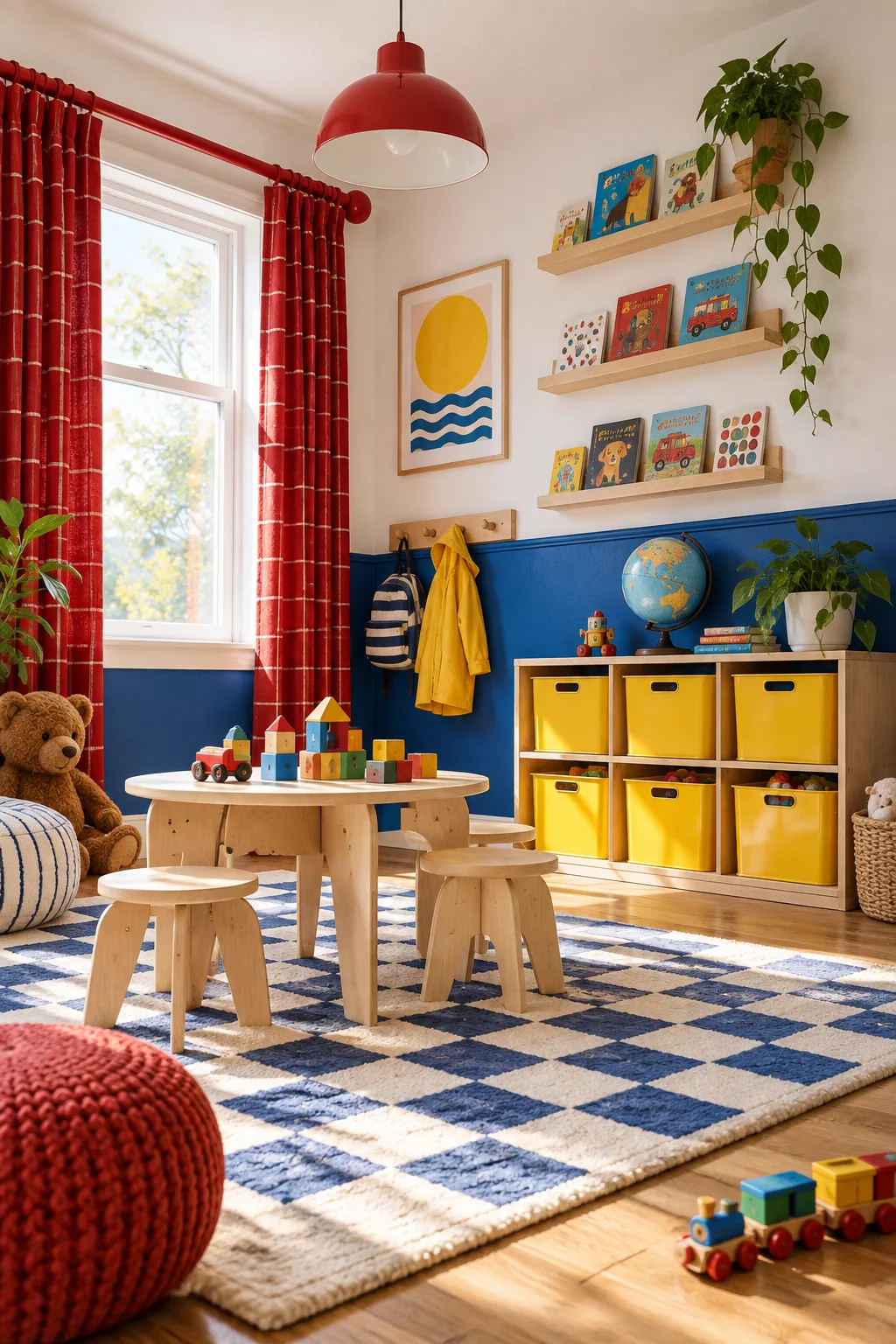 A colorful playroom with a cobalt blue lower wall, yellow metal bins, and plywood shelves.
