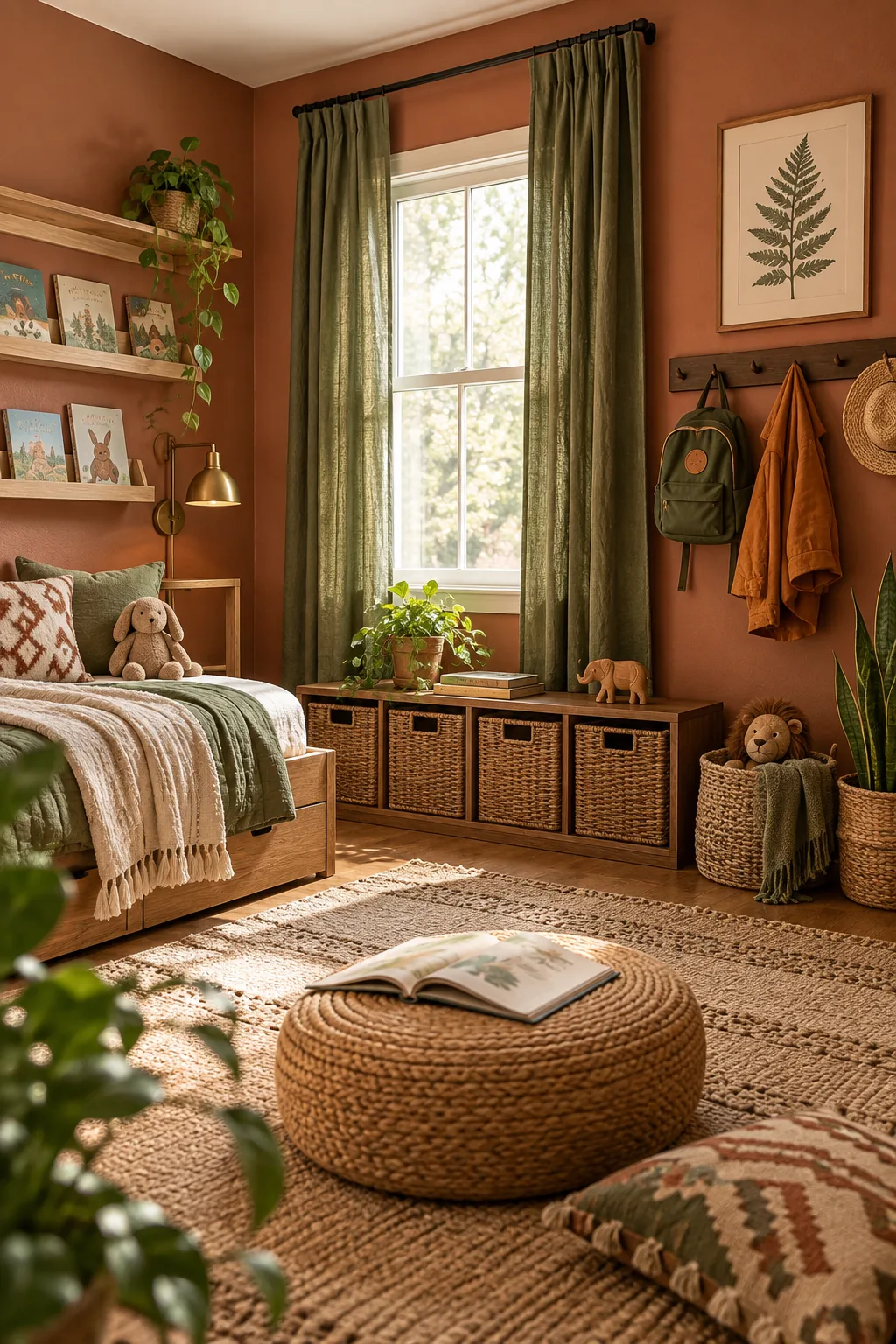 An earthy kids room with terracotta walls, rattan baskets, and dark walnut hook rails.