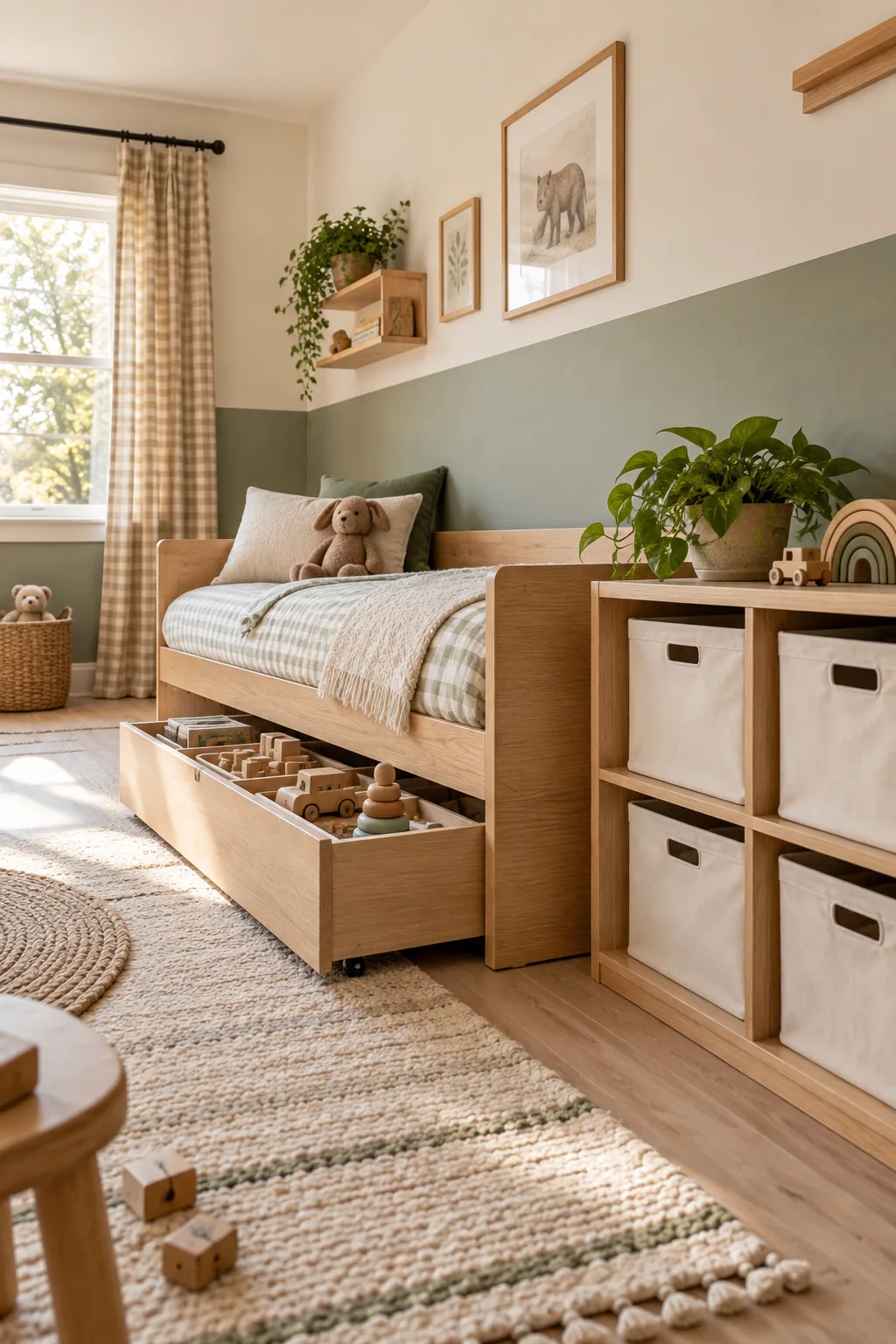 A low-angle view of a kids bedroom showing all furniture and storage aligned below the three-foot mark.
