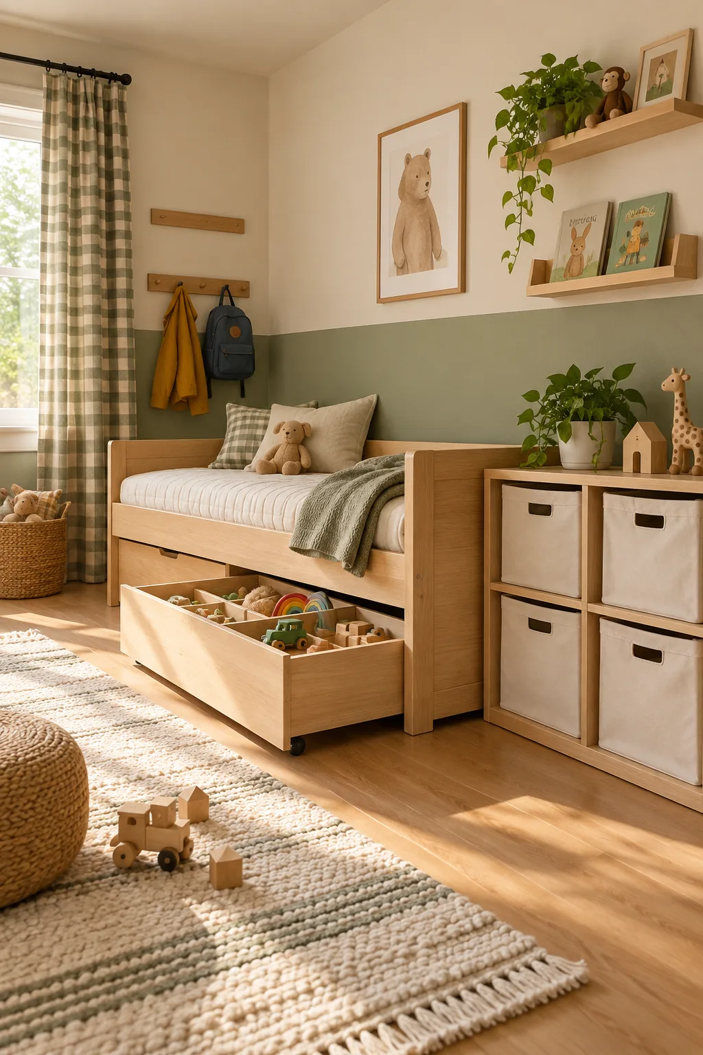 A light wood daybed with an open rolling drawer full of toys next to a neat cubby shelf.