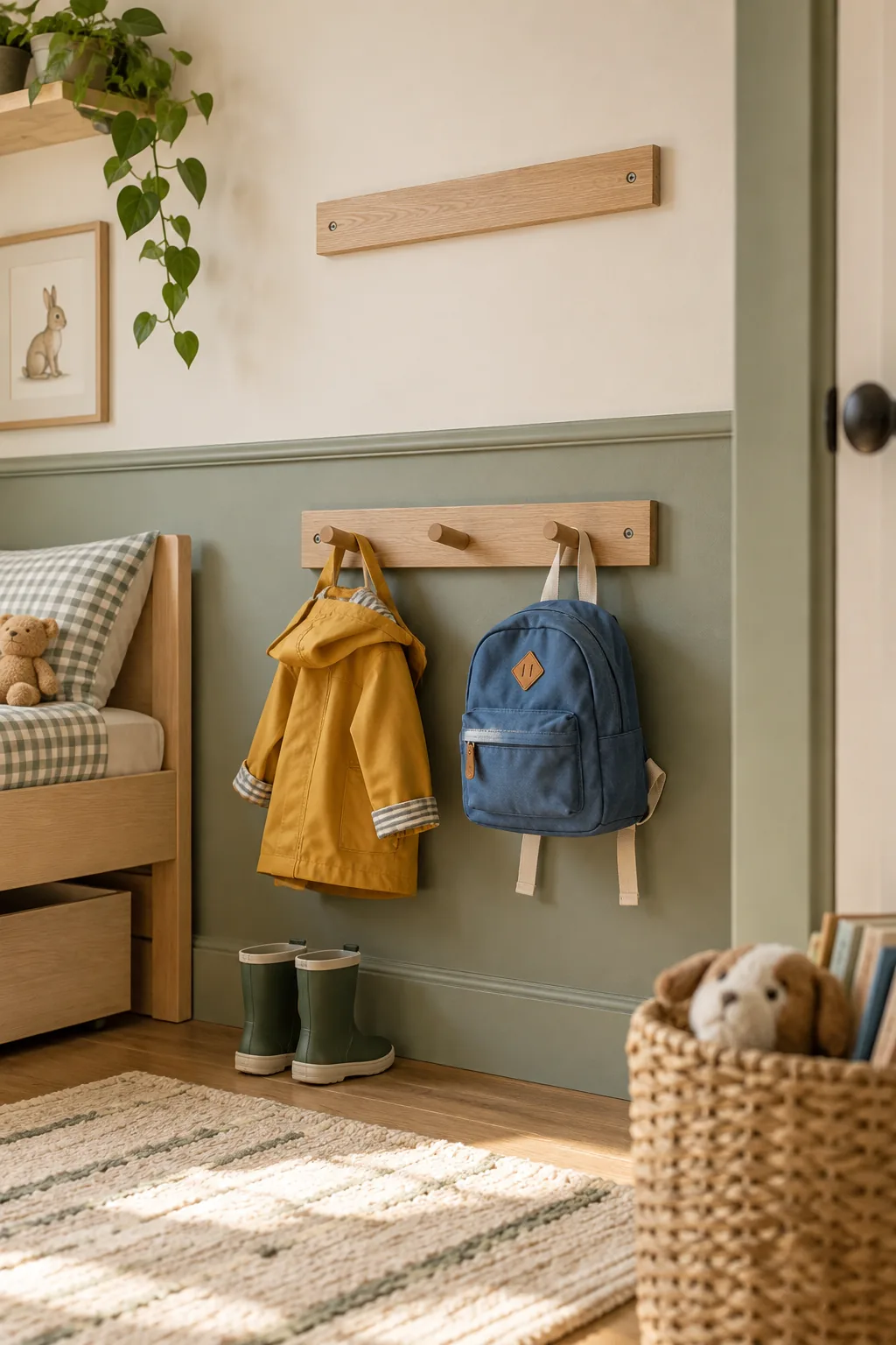 An oak peg rail holding a raincoat and backpack, with an empty wooden mounting cleat visible higher on the wall.