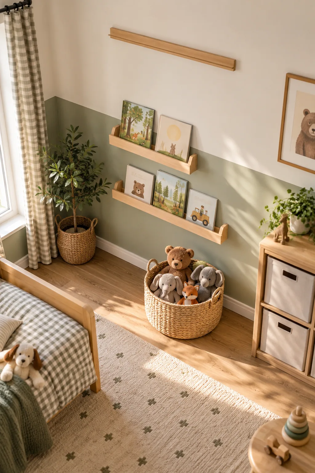 A vertical view of a kids wall showing low book ledges and empty upper wall space.