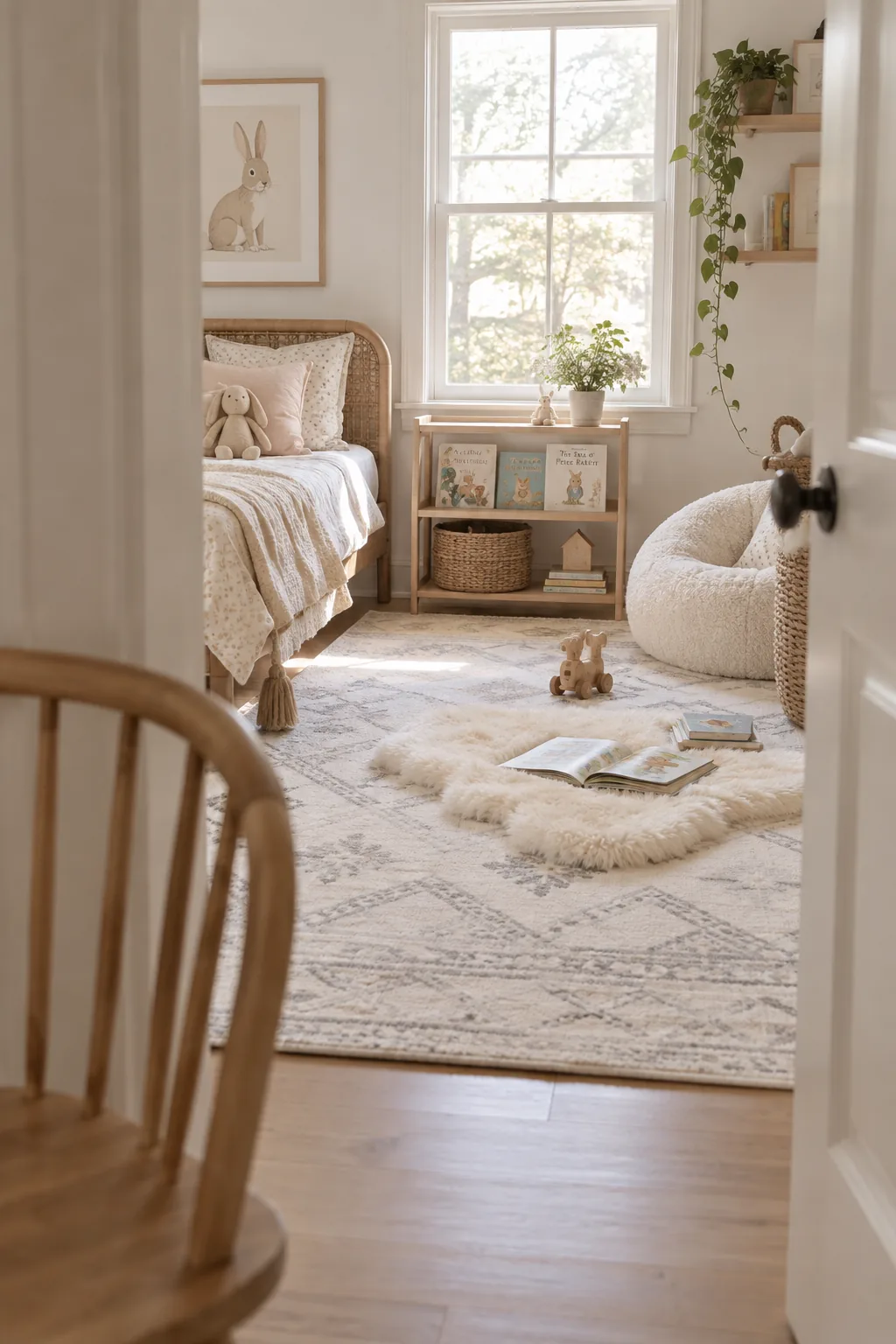 A subtle geometric washable rug layered with a small plush faux sheepskin in a modern kids room