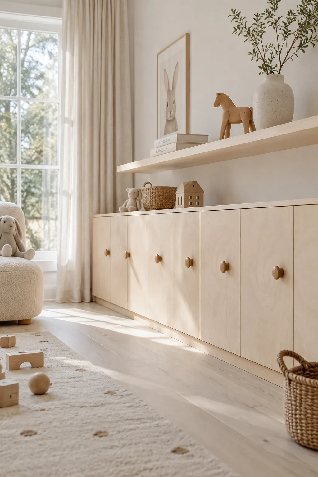 Sleek closed wooden storage cabinets in a kids bedroom hiding toys