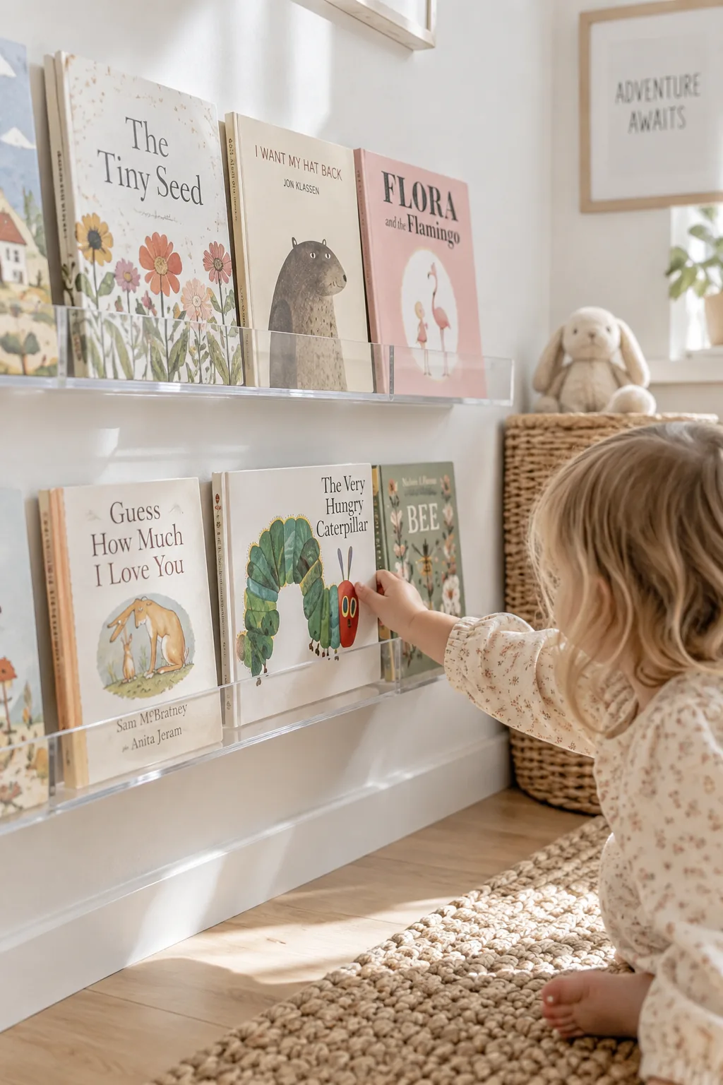 Clear acrylic floating shelves mounted low on a wall displaying colorful children's books