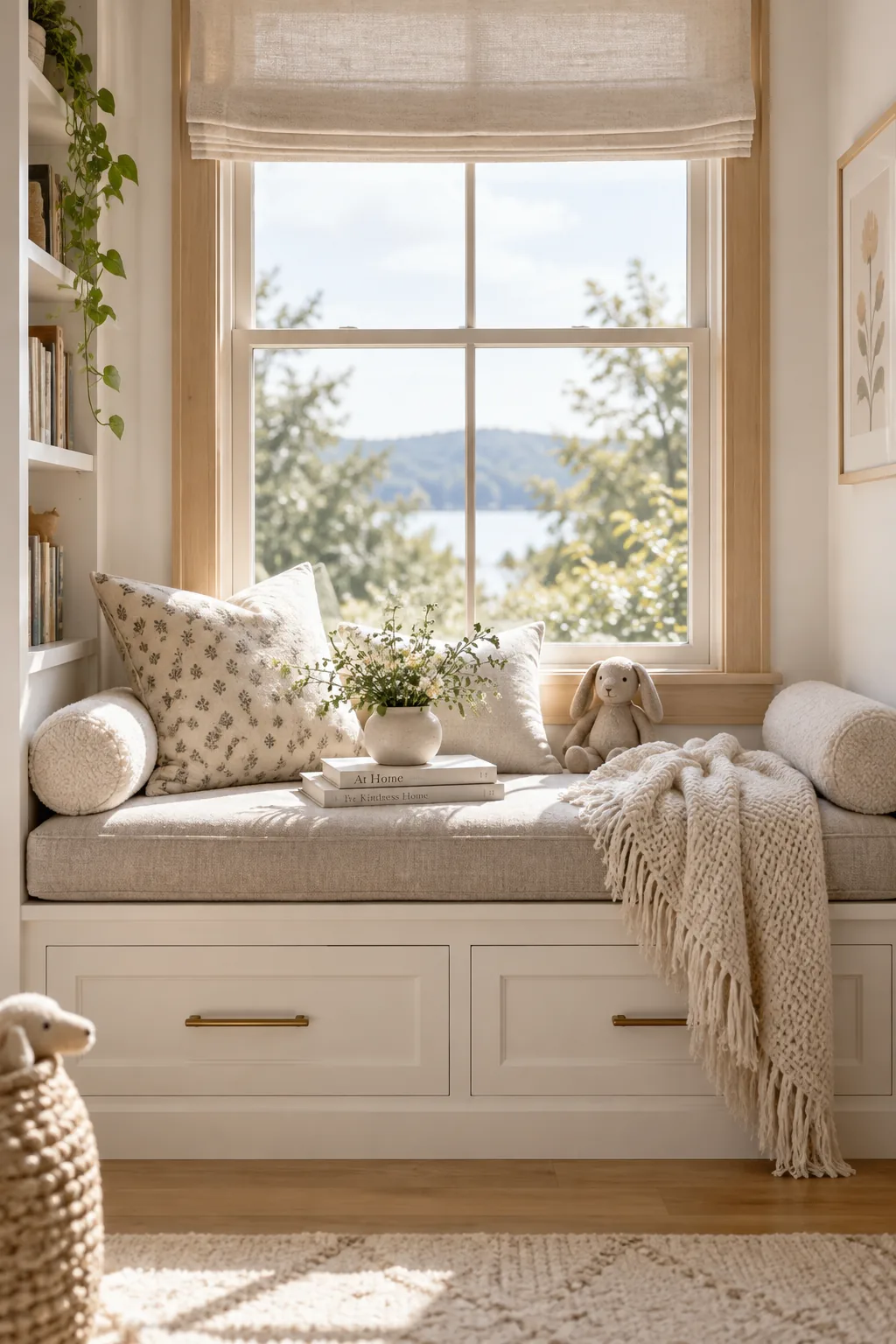 A built-in window seat with deep storage drawers and velvet pillows in a kids bedroom
