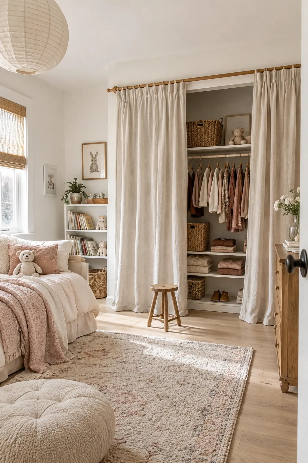 Heavy linen curtains hanging in place of traditional closet doors in a child's room