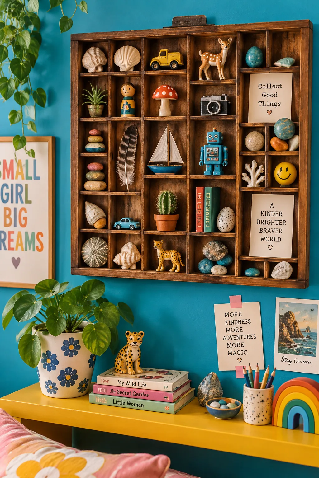 A vintage wooden printer's tray hung on a wall displaying tiny toys and rocks