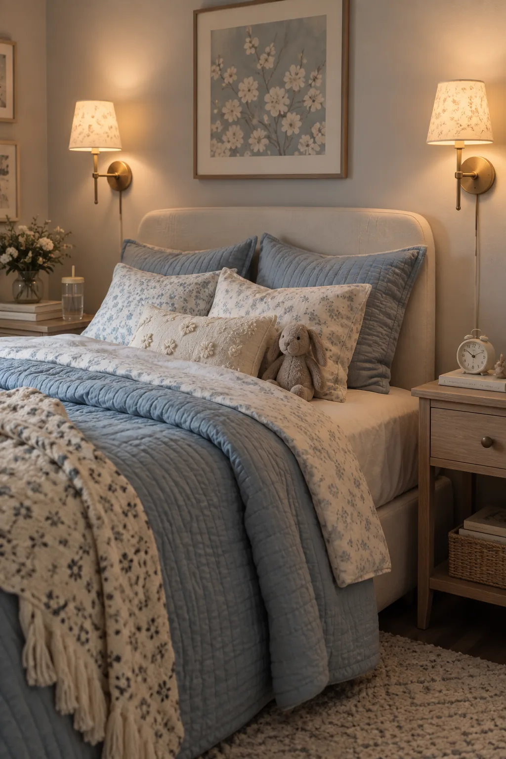 A plug-in brass wall sconce mounted above a small nightstand next to a kids bed