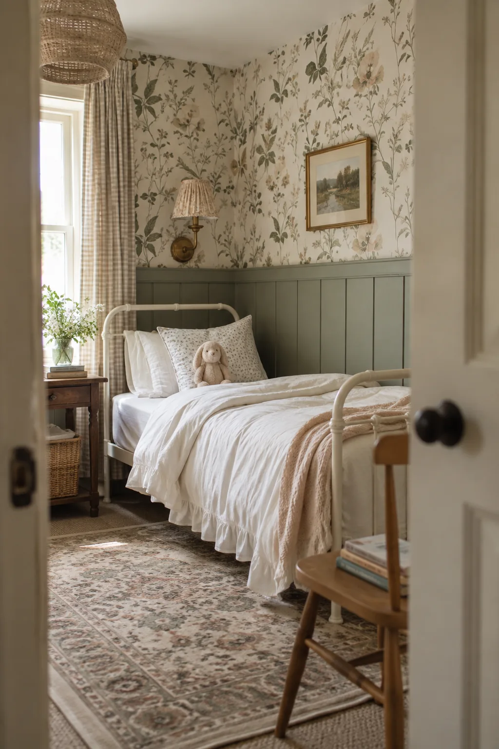 A kids room wall with dark green board-and-batten on the bottom and patterned removable wallpaper on top