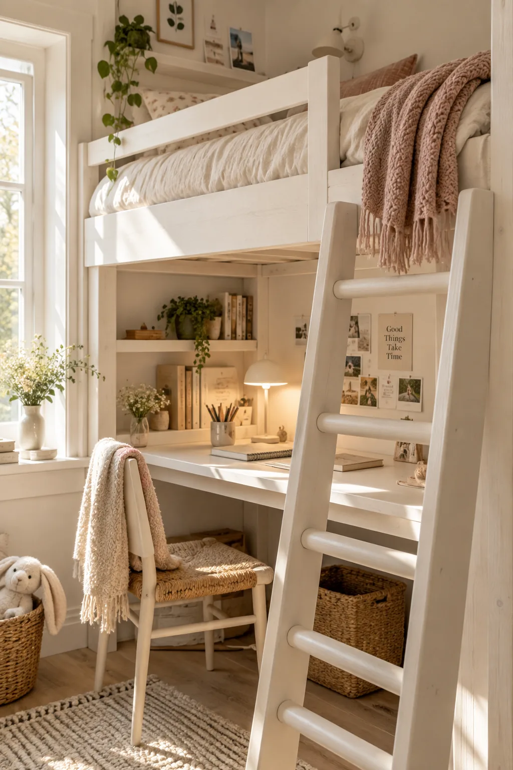 A wooden loft bed painted to match the walls with a small desk underneath