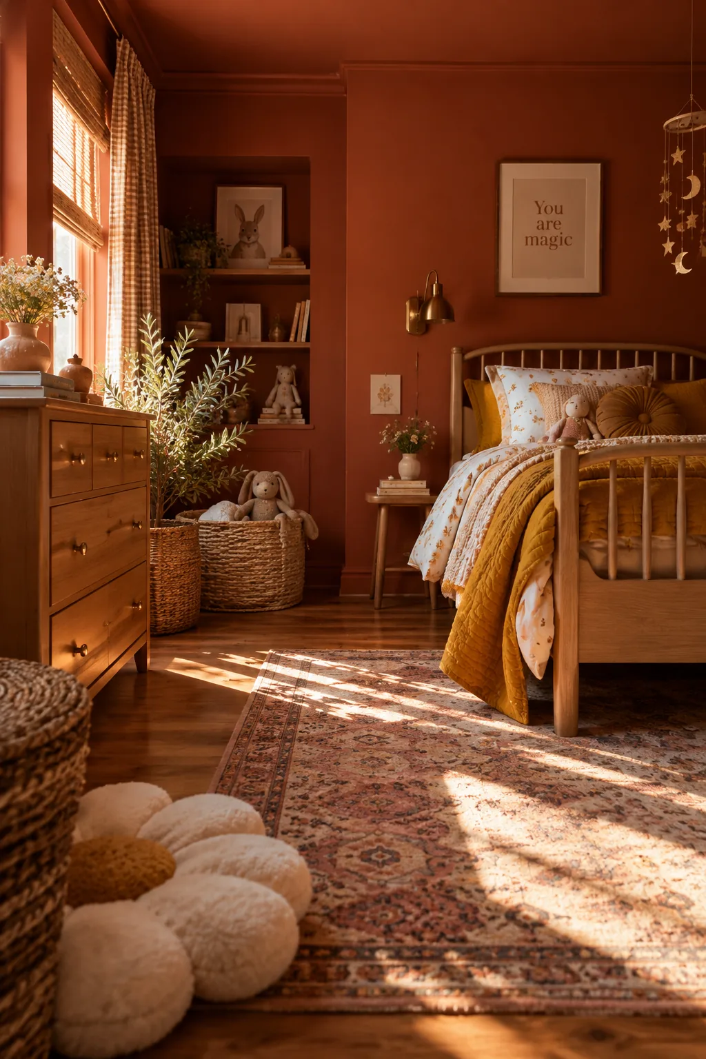 A kids room with walls, trim, and baseboards all painted in the same warm terracotta color