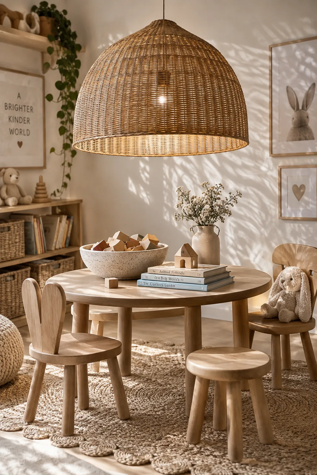 A massive woven rattan pendant light hanging in the center of a child's bedroom