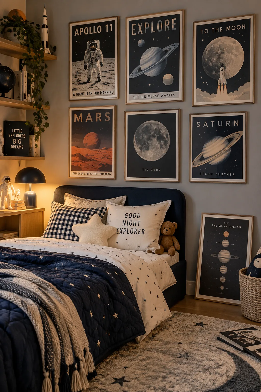 A gallery wall of framed vintage space exploration posters above a neutral kids bed