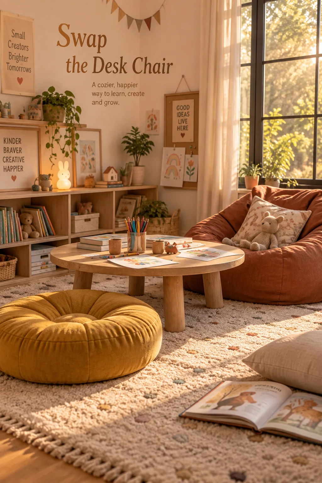 A structured floor cushion sitting next to a low wooden play table in a kids room