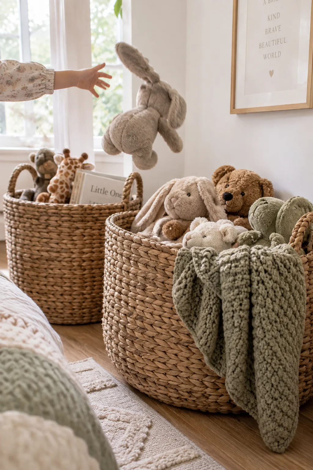 Large woven seagrass floor baskets overflowing with stuffed animals in a bedroom corner