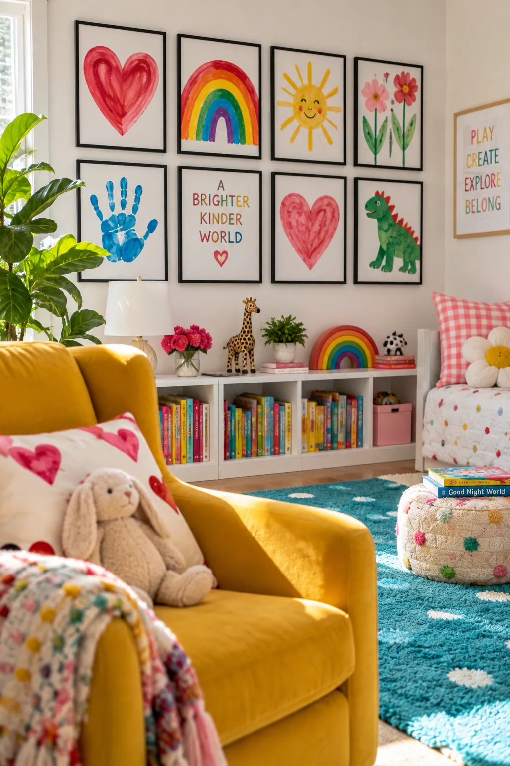 A grid of sleek black frames displaying colorful children's finger paintings on a white wall