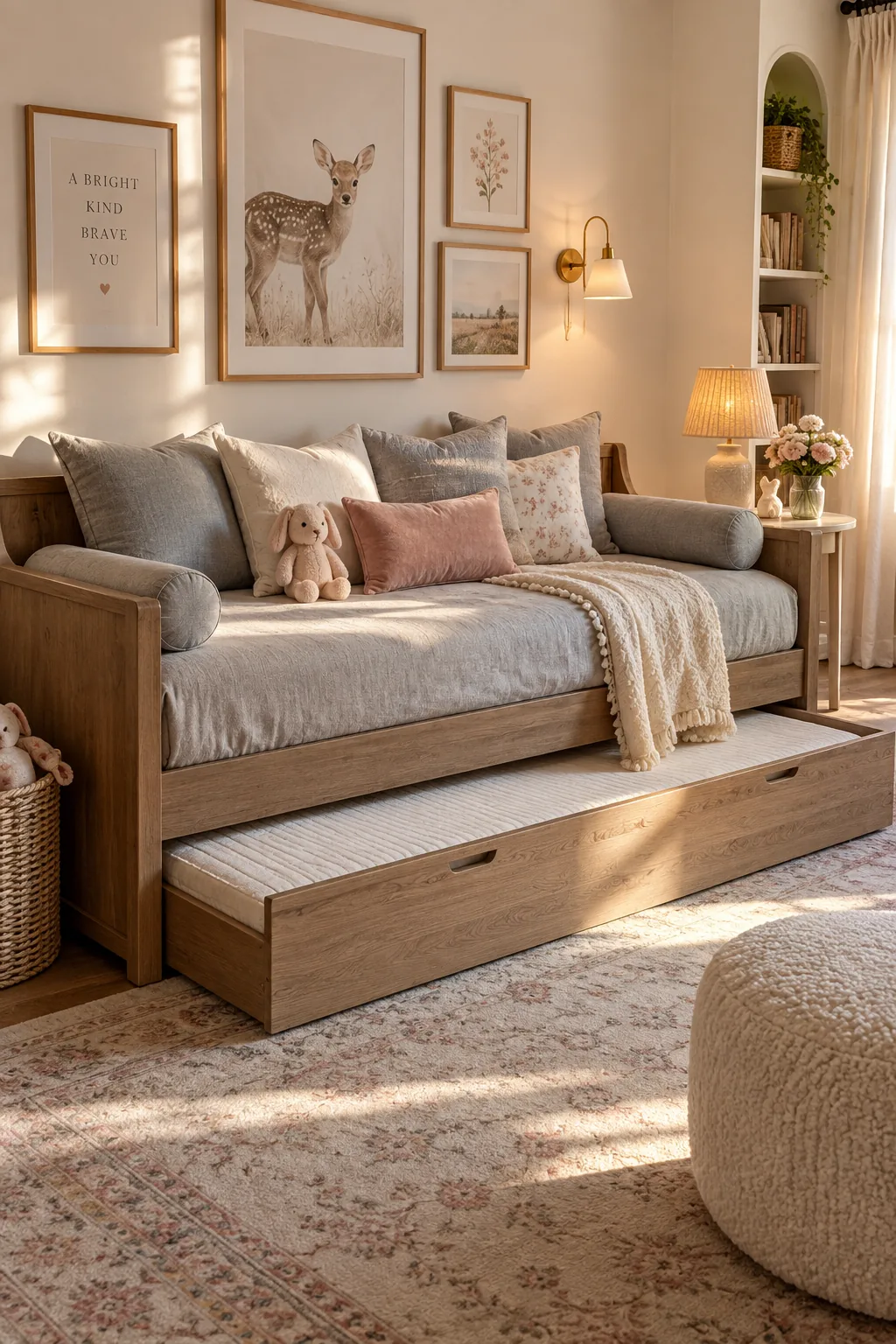 A stylish wooden daybed pushed against a wall with a hidden trundle drawer underneath