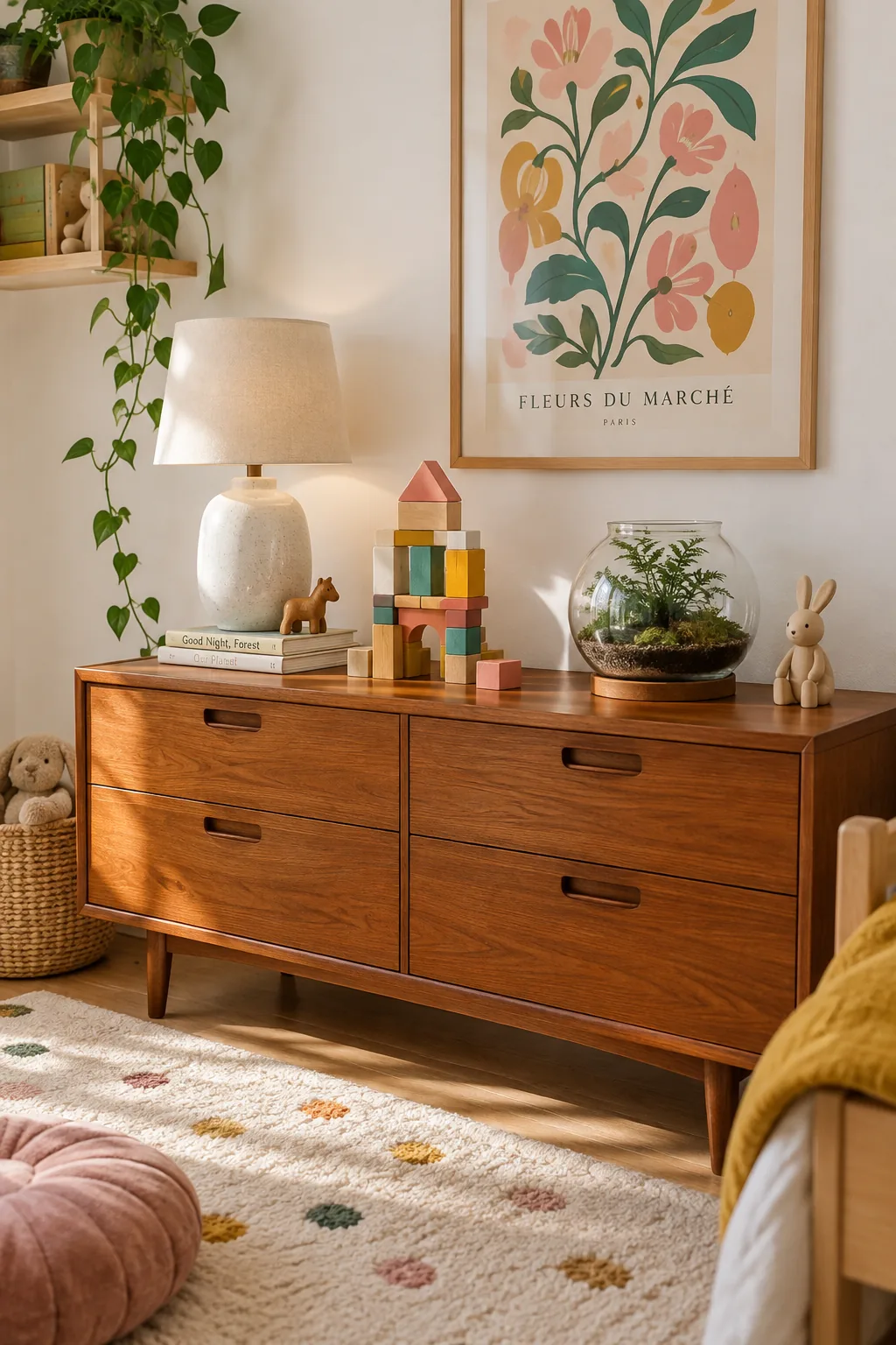 A low vintage mid-century credenza used as a dresser in a kids room with toys displayed on top