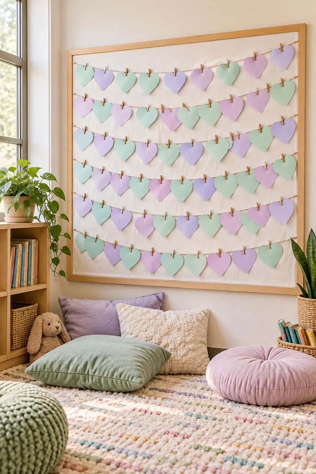 A bulletin board covered in white canvas with mint and lilac paper hearts, set above a reading nook.