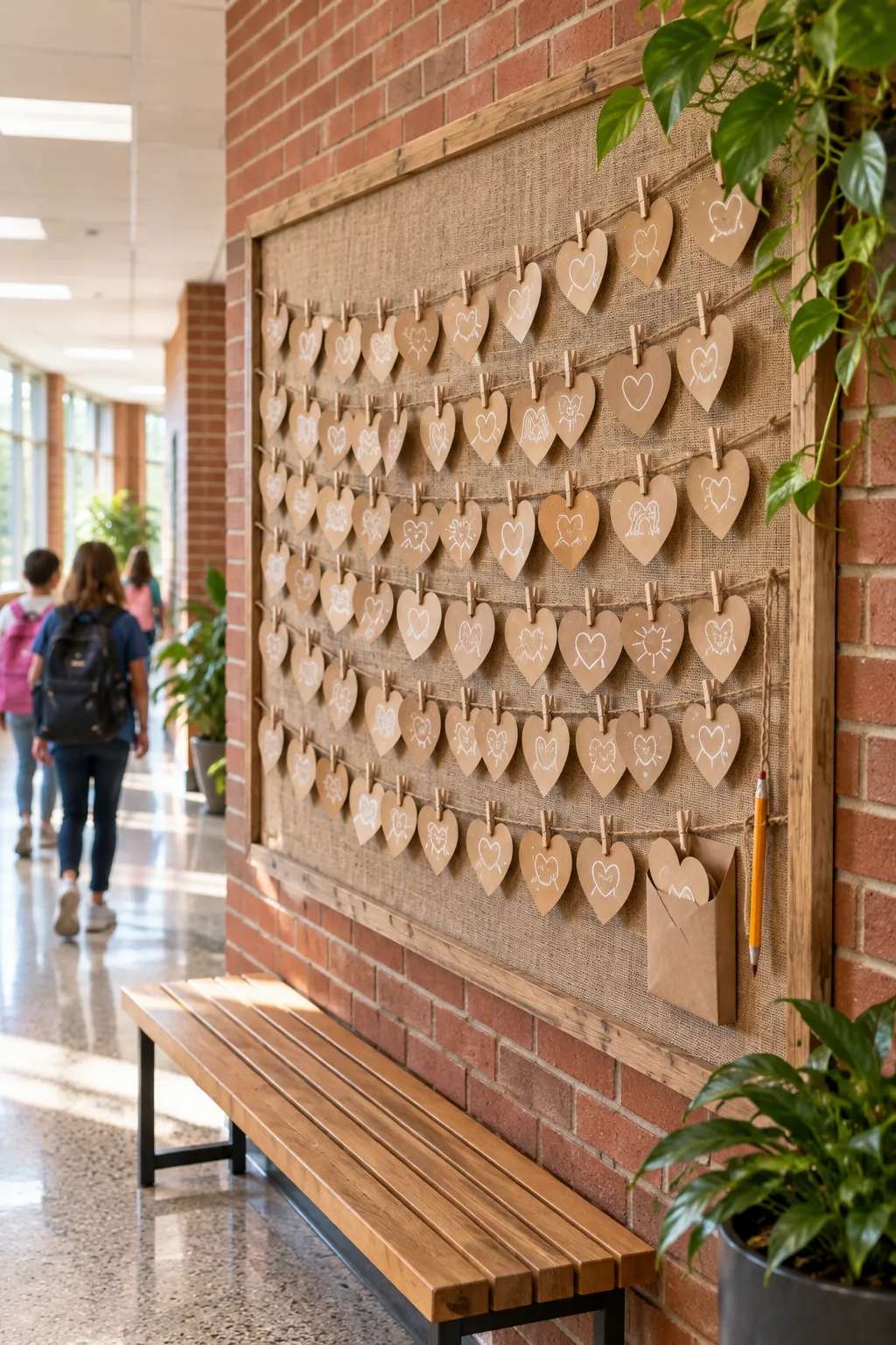 A burlap bulletin board filled with kraft paper hearts written on in white ink, hanging on a brick hallway wall.