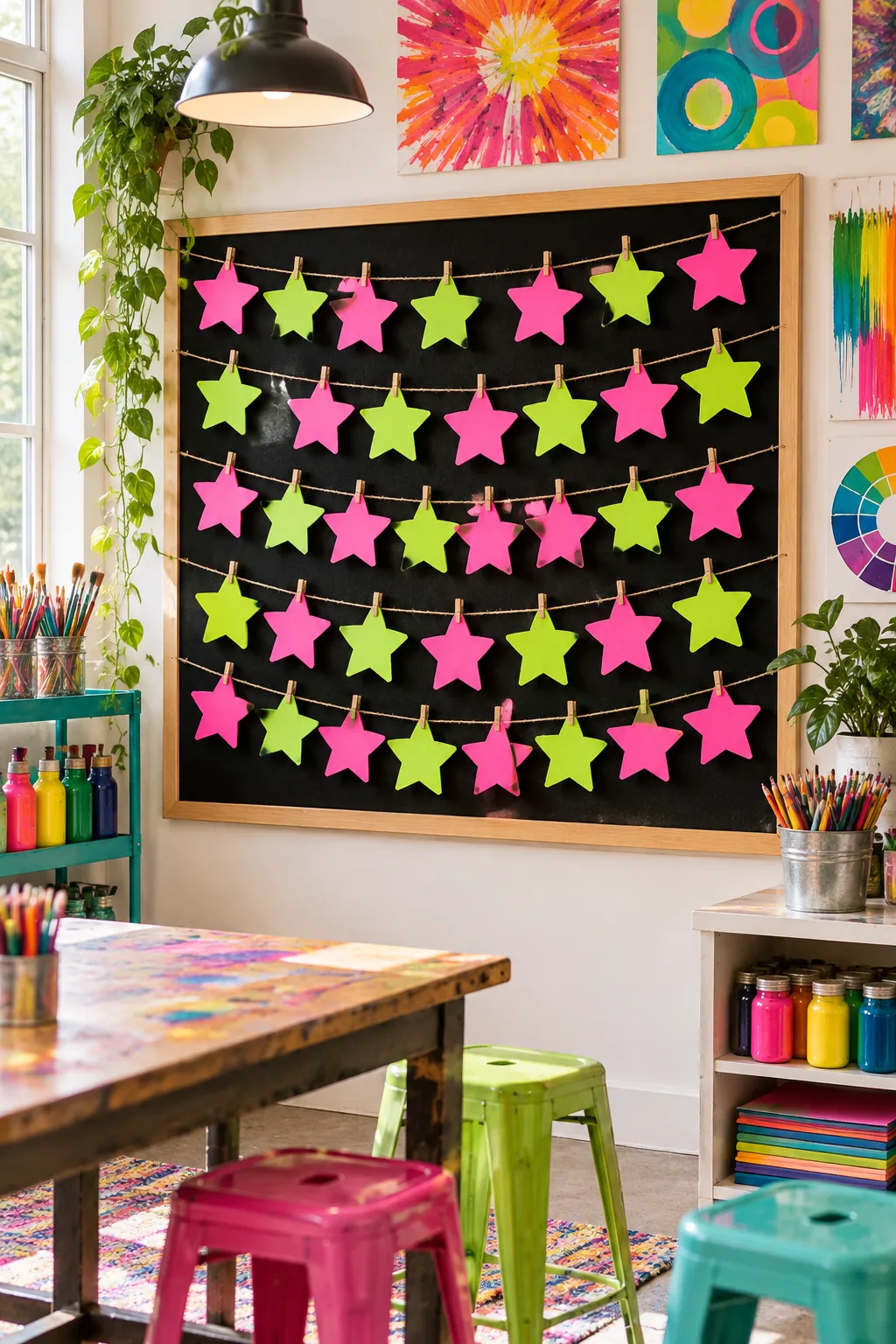 A black felt bulletin board covered in neon pink and green star shapes, located in an art room.