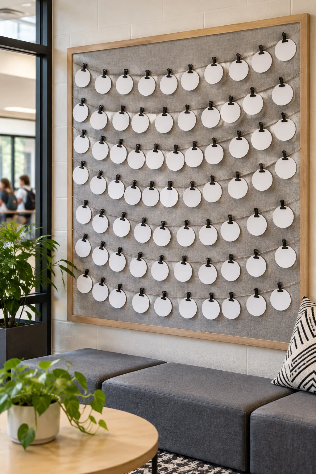 A gray linen bulletin board with white circular notes held by black metal clips in a middle school common area.