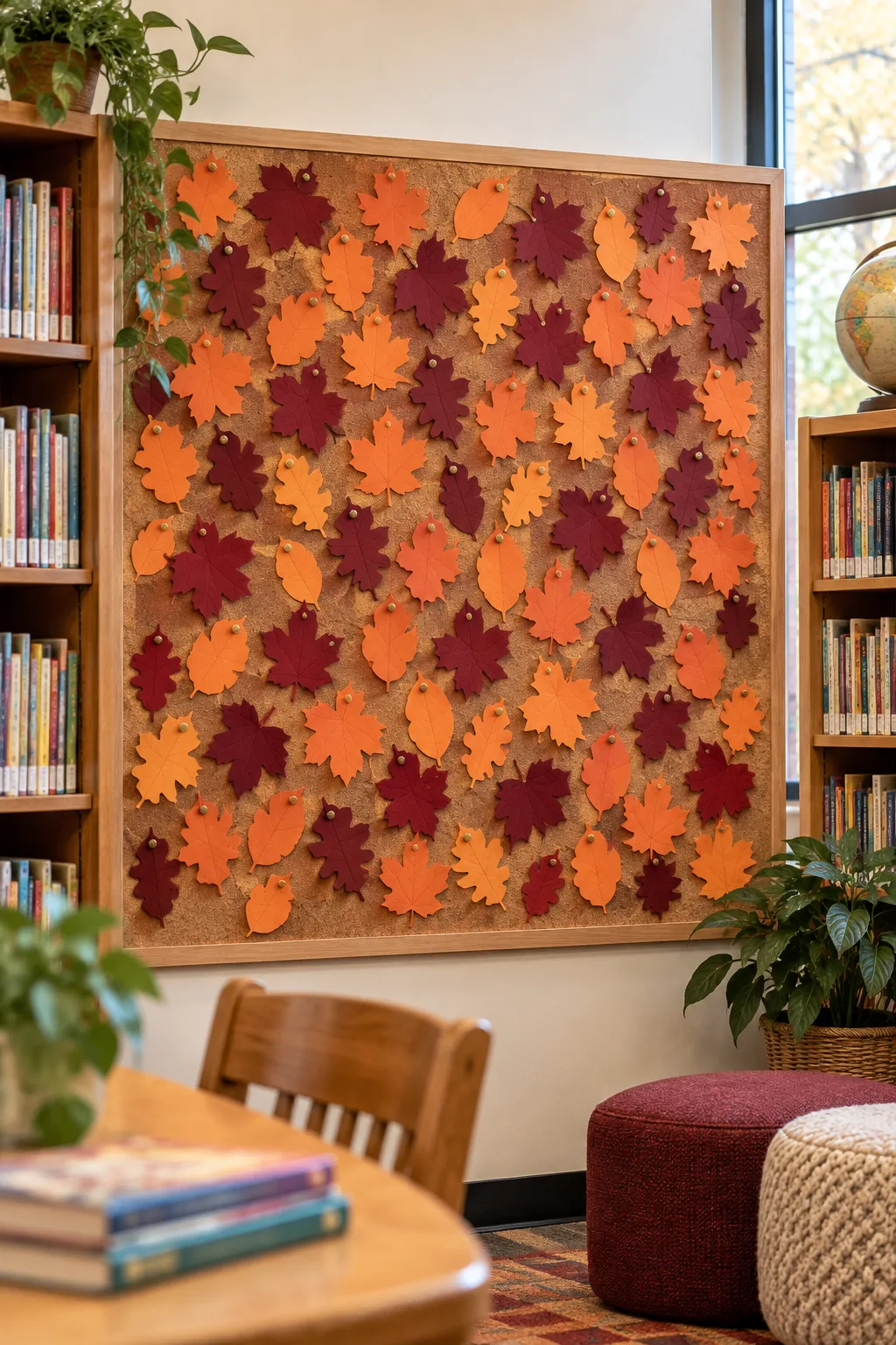 A natural cork bulletin board filled with orange and burgundy paper leaves pinned directly to the surface in a library.