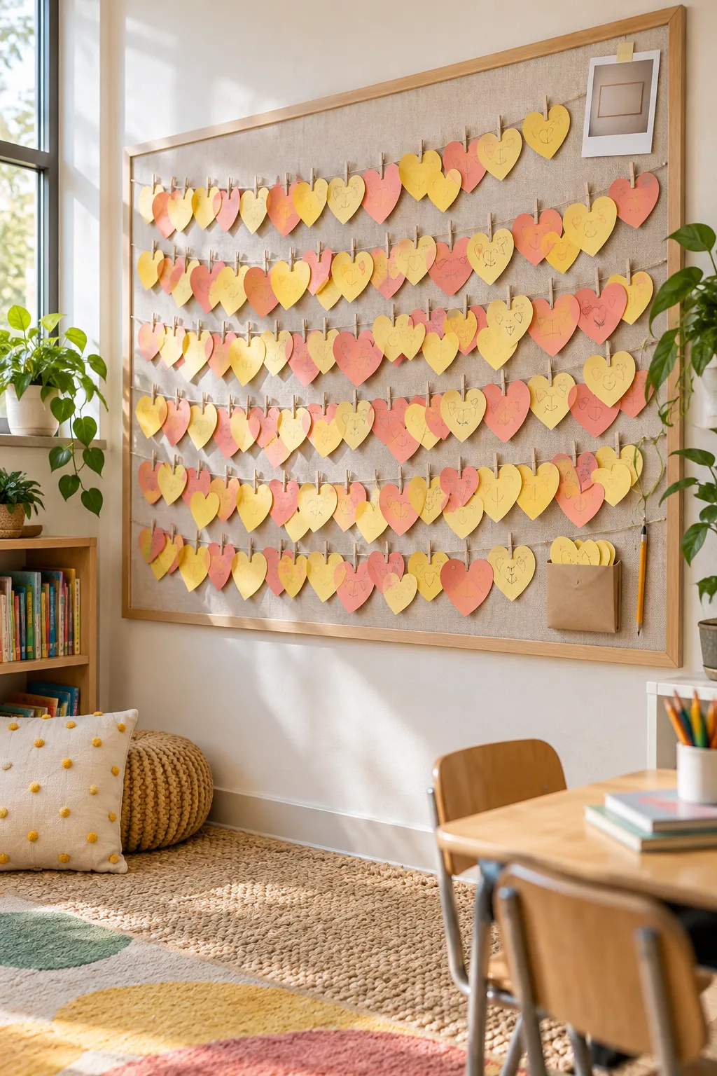 The lower section of a bulletin board filled with colorful paper hearts clipped to twine, positioned low to the ground.