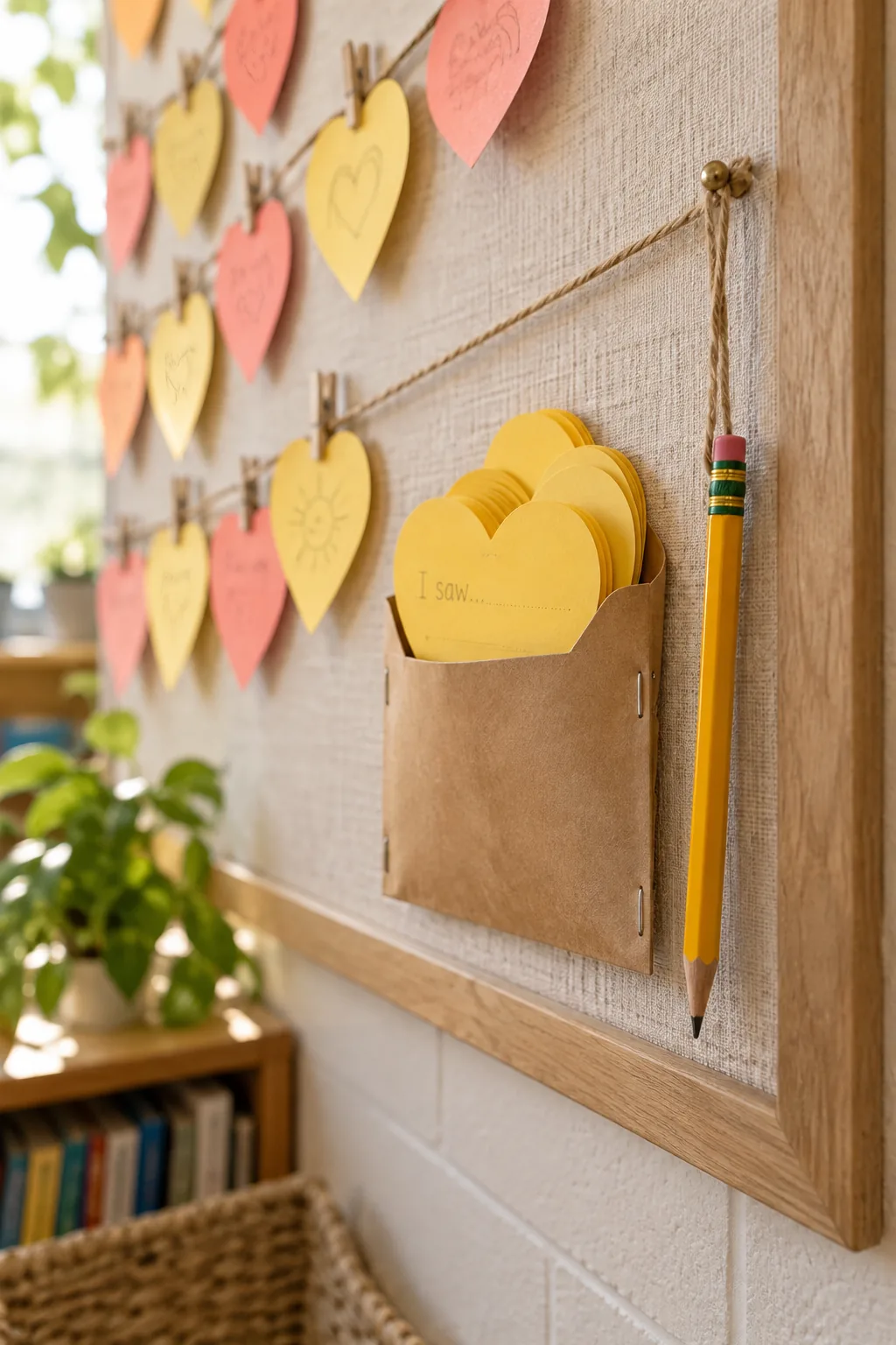 A kraft paper pocket attached to a linen board holding blank yellow heart notes, with a pencil hanging from a string beside it.