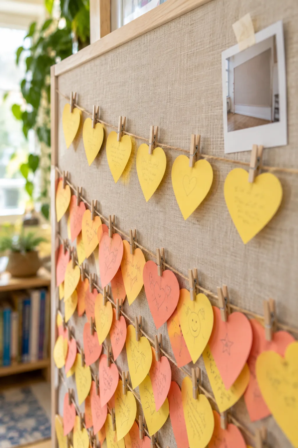 Five yellow heart-shaped notes with neat handwriting clipped to the top line of a bulletin board.