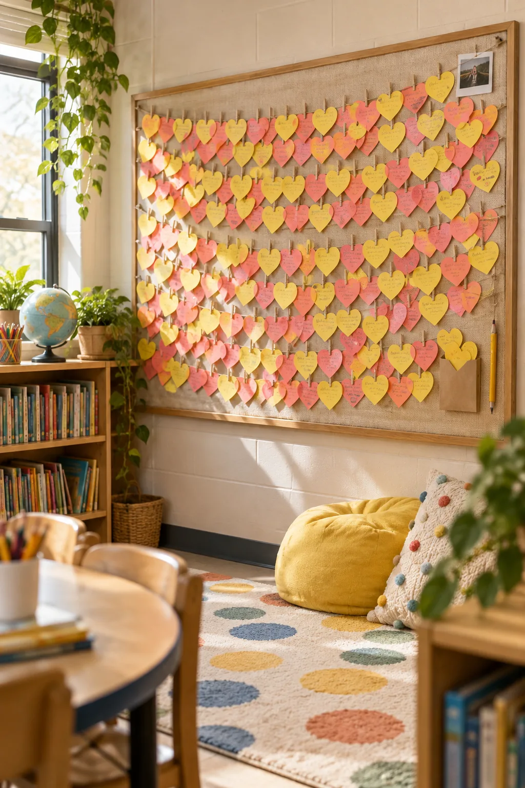 A dense cluster of coral and yellow paper hearts with children's handwriting, clipped to multiple rows of twine.