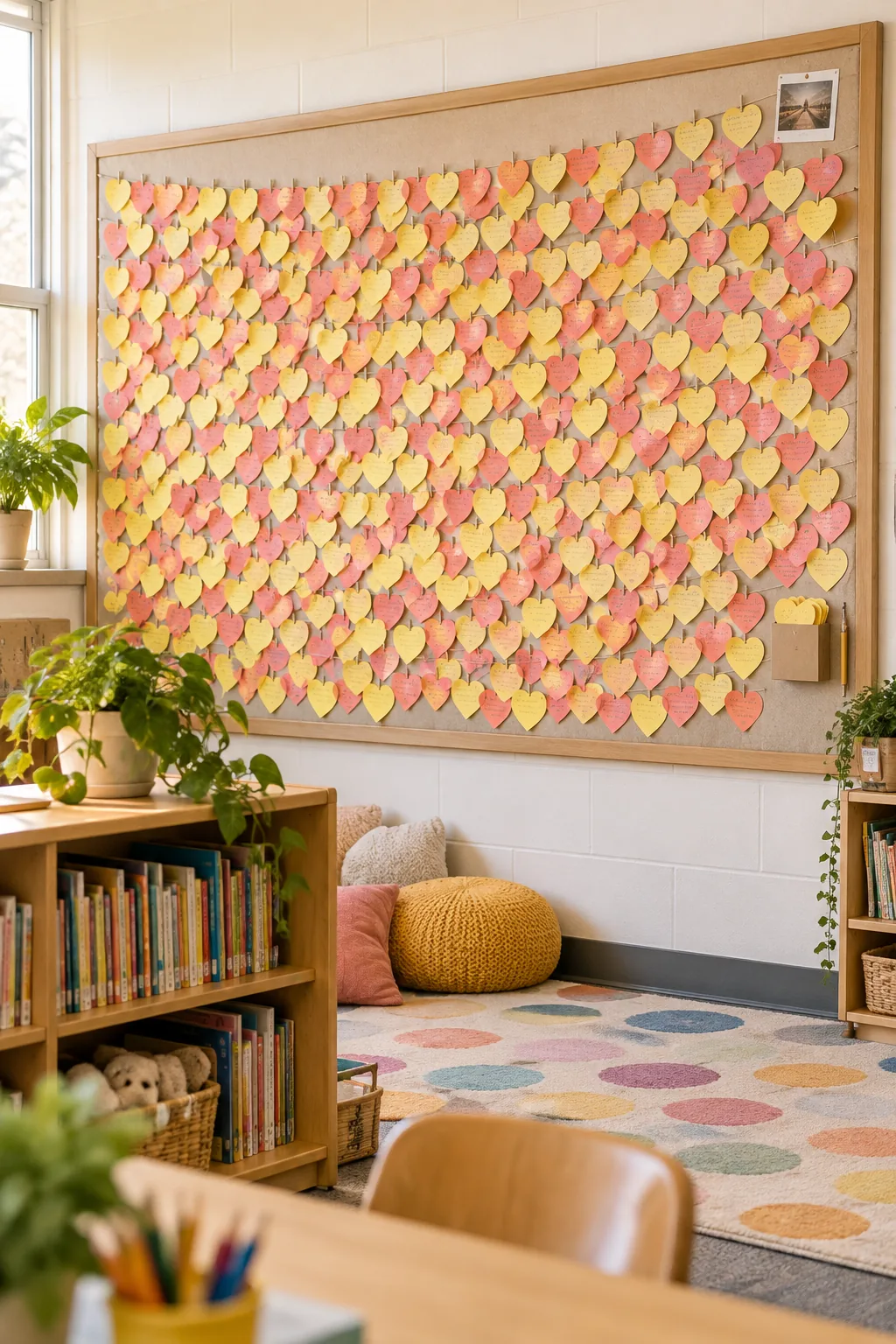 A large, fully completed kindness bulletin board overflowing with colorful heart notes in a bright classroom setting.