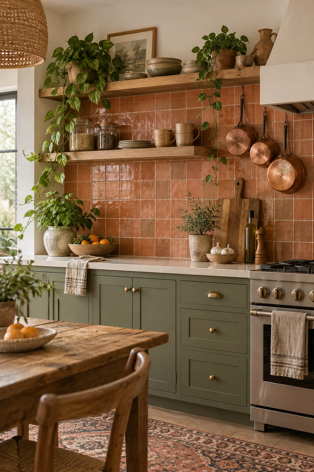 Bohemian kitchen with stacked terracotta square tiles and copper cookware.