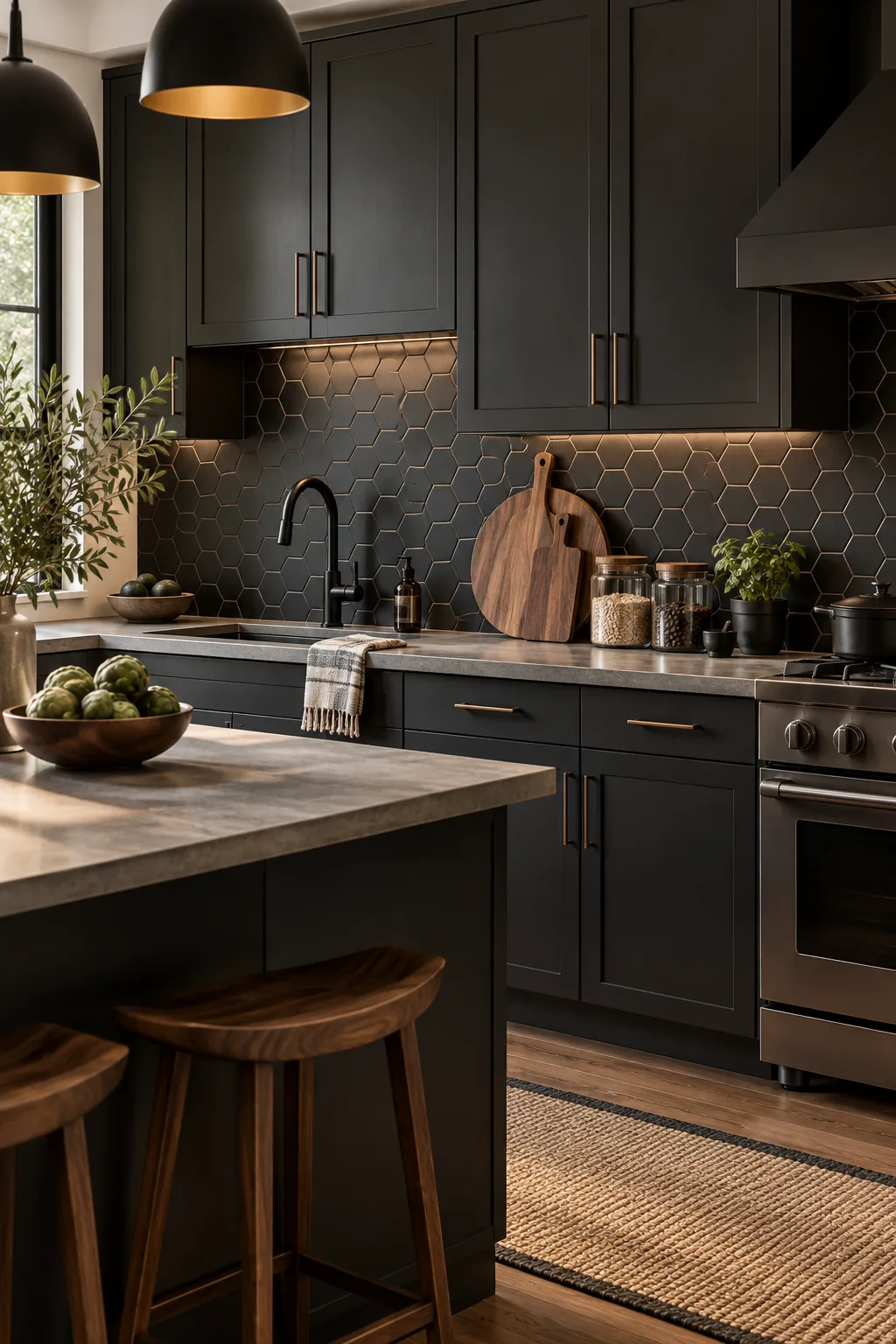 Modern kitchen featuring matte black hexagonal tile and dark walnut accessories.