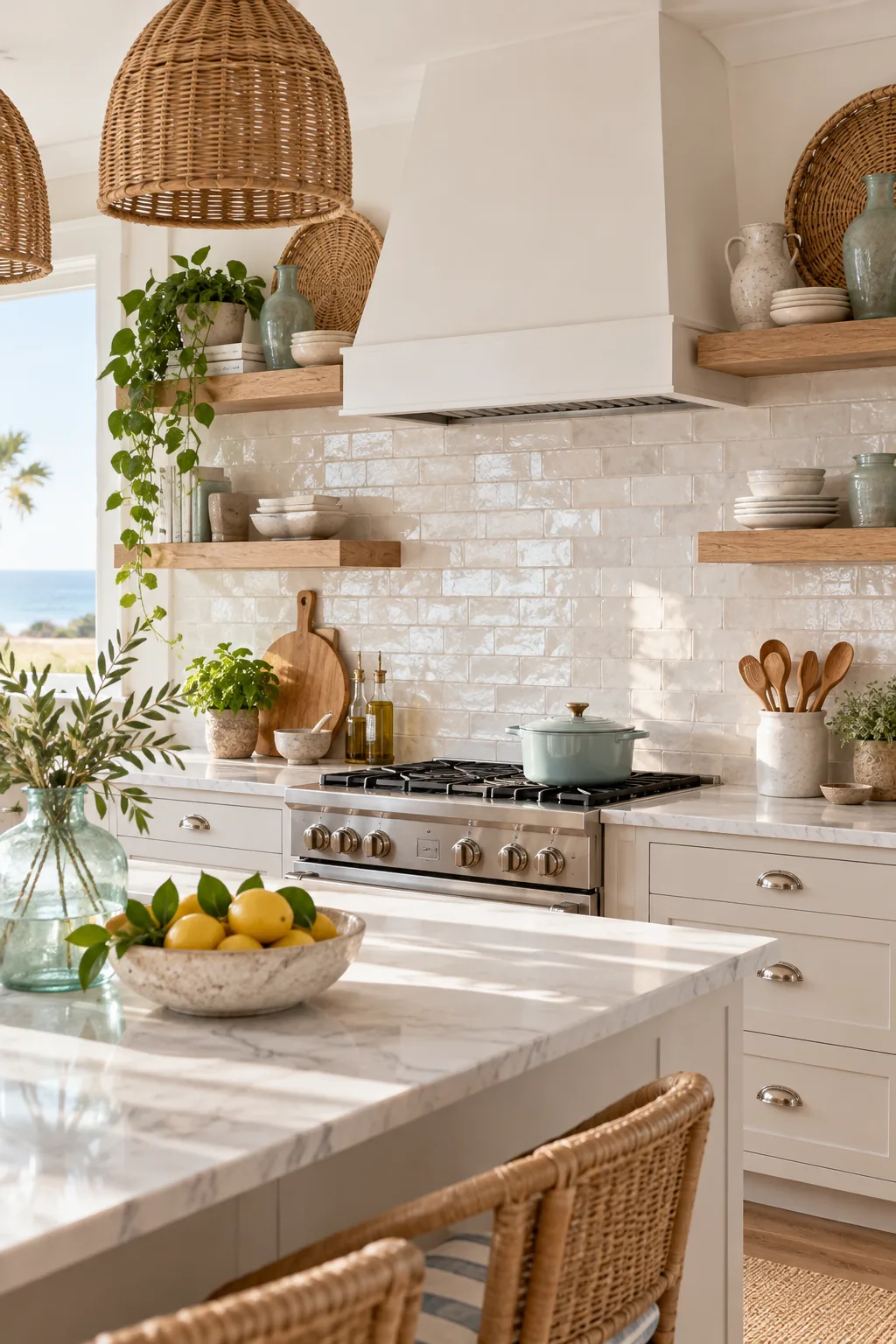 Coastal kitchen with pearlescent white zellige tile and woven rattan decor.