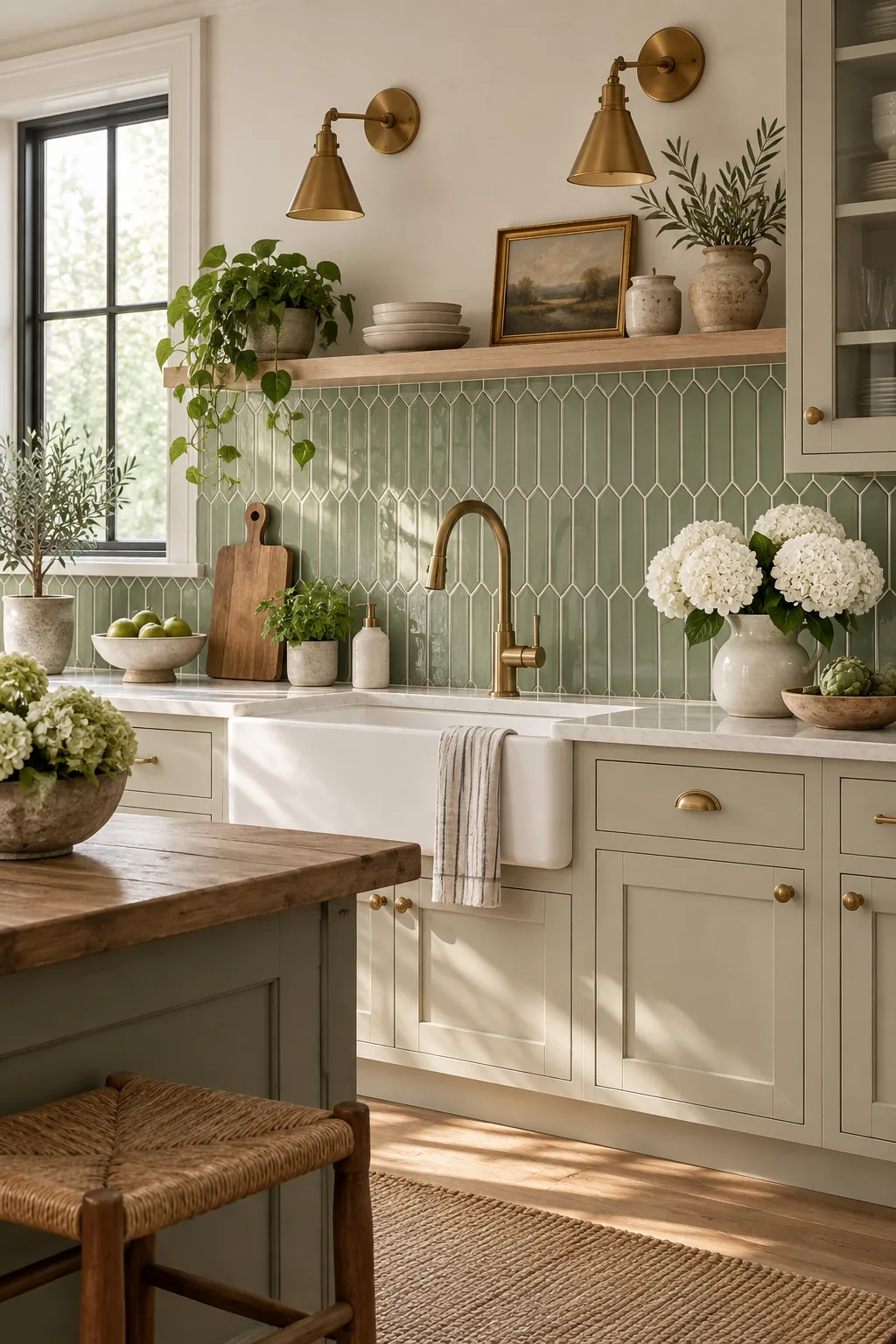 Farmhouse kitchen with vertical sage green picket tile and brass sconces.