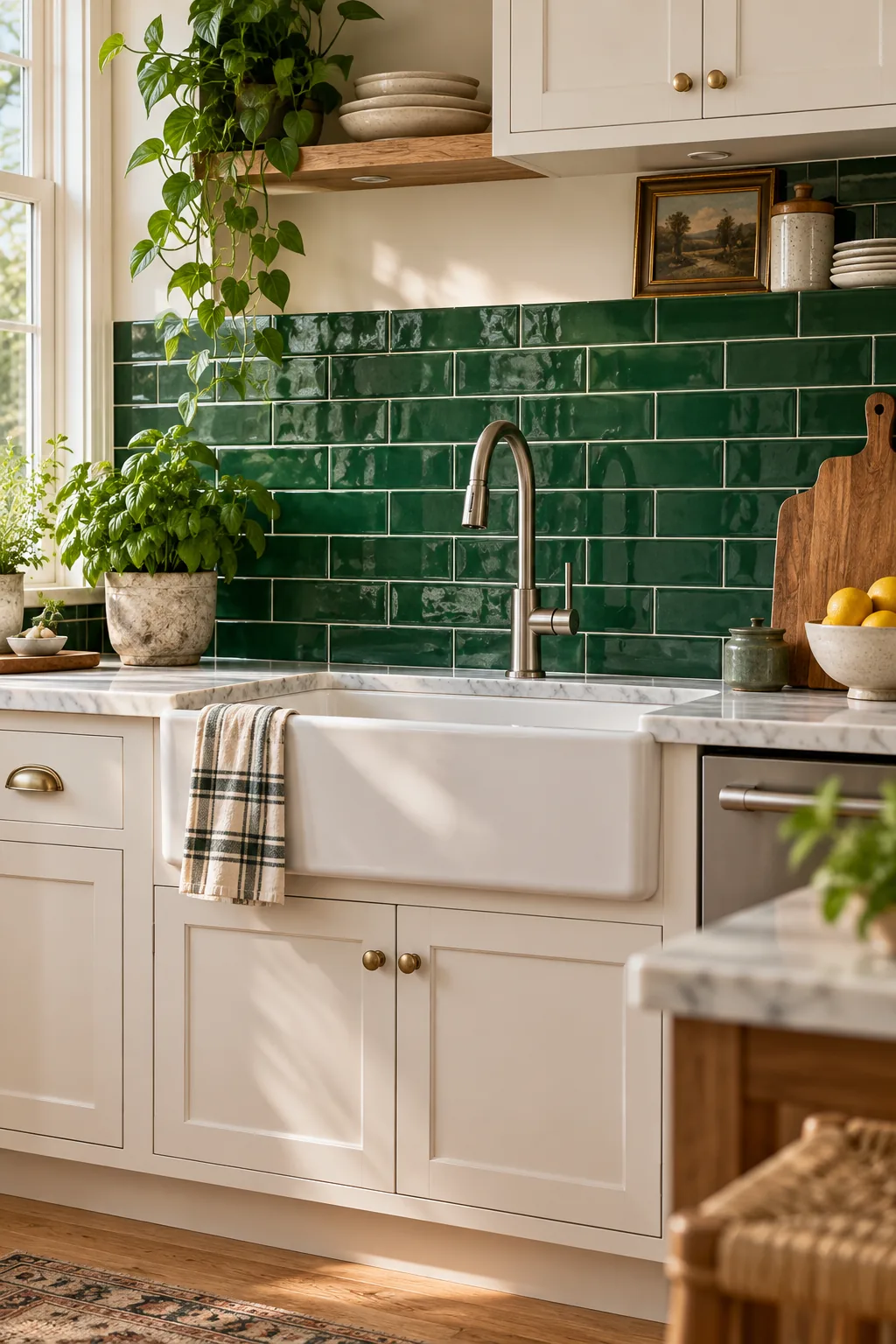 Straight-on view of a kitchen sink where the green tile grout line aligns perfectly with the center of the silver faucet.