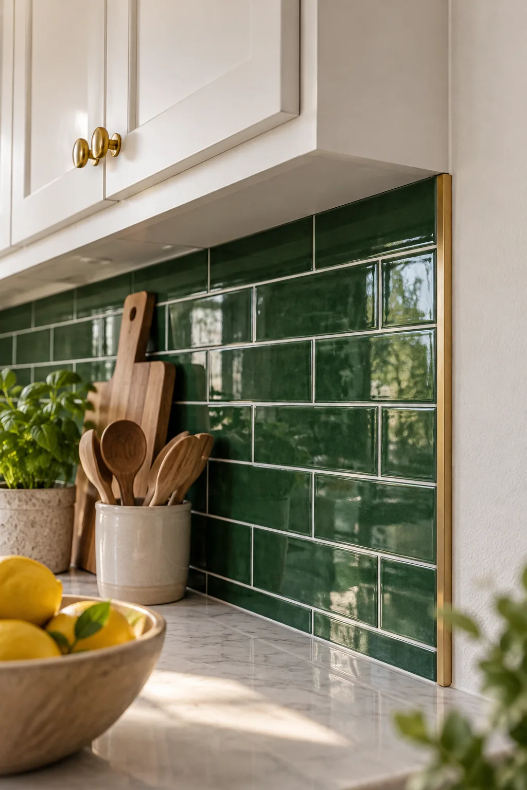 Upward view showing the top row of green subway tile fitting snugly against the bottom of white upper kitchen cabinets.