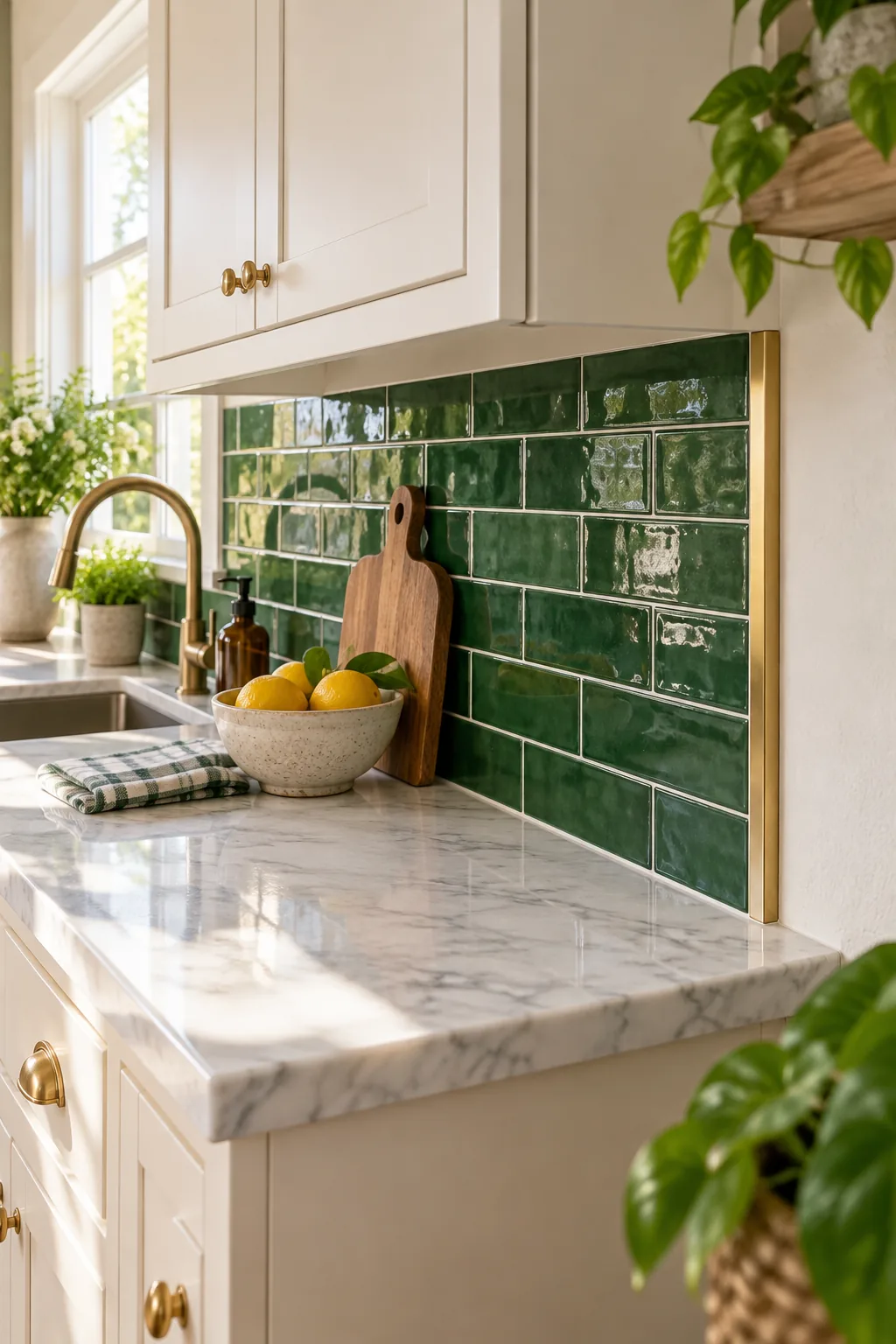 Close-up of a brass metal trim piece neatly capping the exposed edge of green subway tile on a kitchen wall.