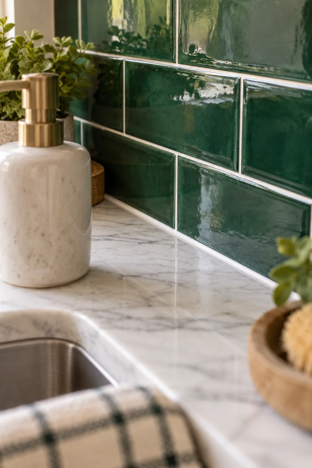 Close-up of a smooth white caulk line sealing the joint between green tile and a marble countertop.