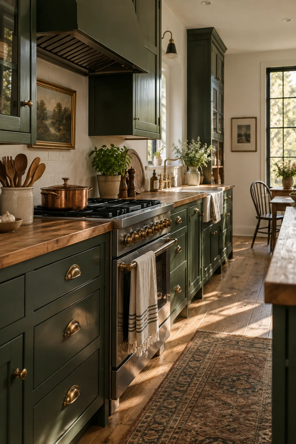 Dark forest green kitchen cabinets with white walls
