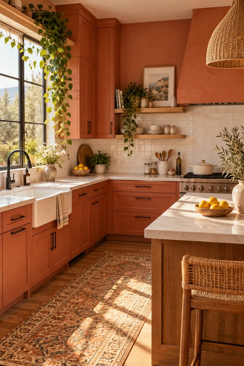 Terracotta painted kitchen cabinets with matte black pulls