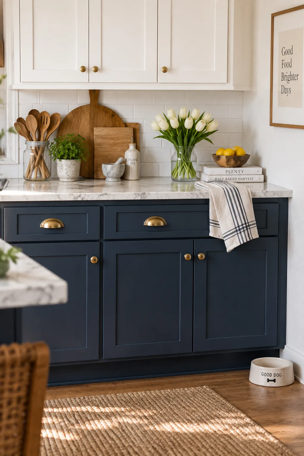 Kitchen with navy blue lower cabinets and white uppers