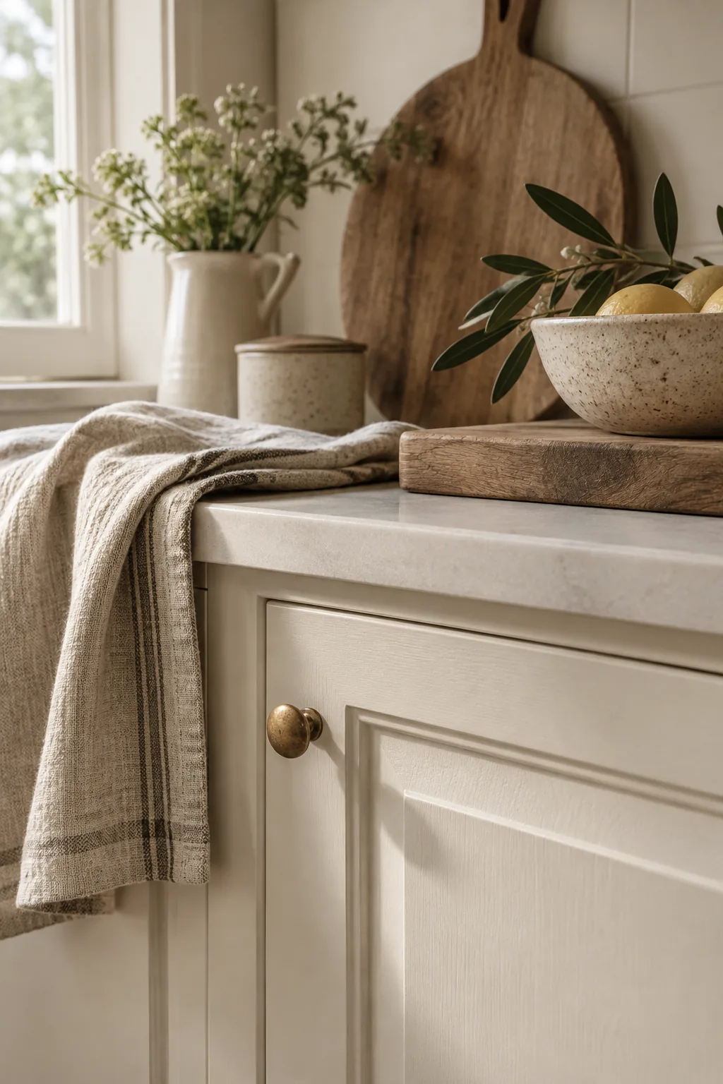 Warm cream kitchen cabinets with soapstone countertops