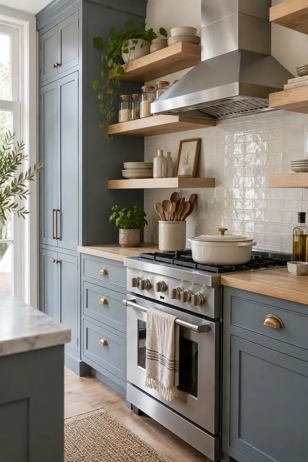 Slate blue kitchen cabinets with chunky wood open shelving