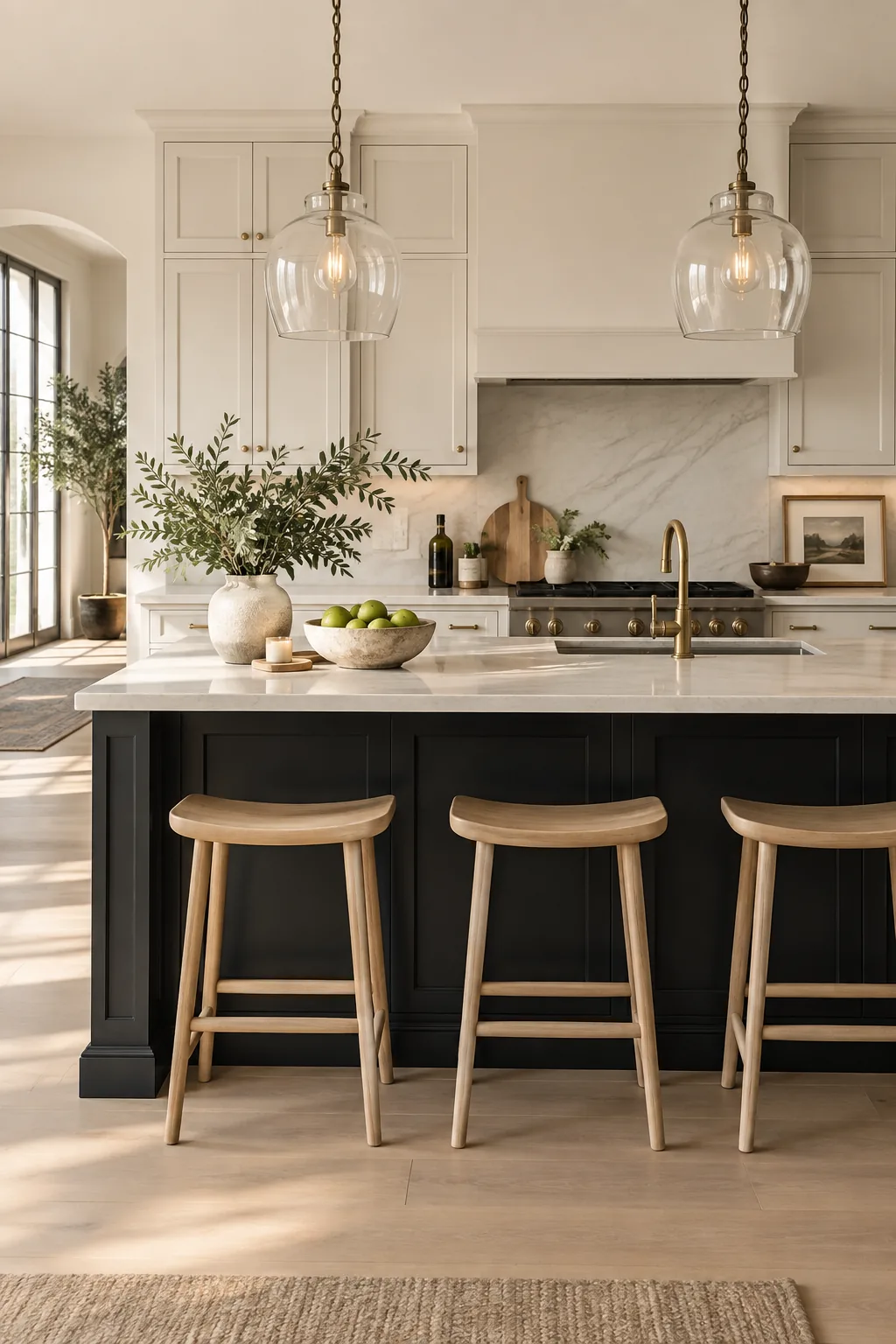Matte black kitchen island with light oak stools