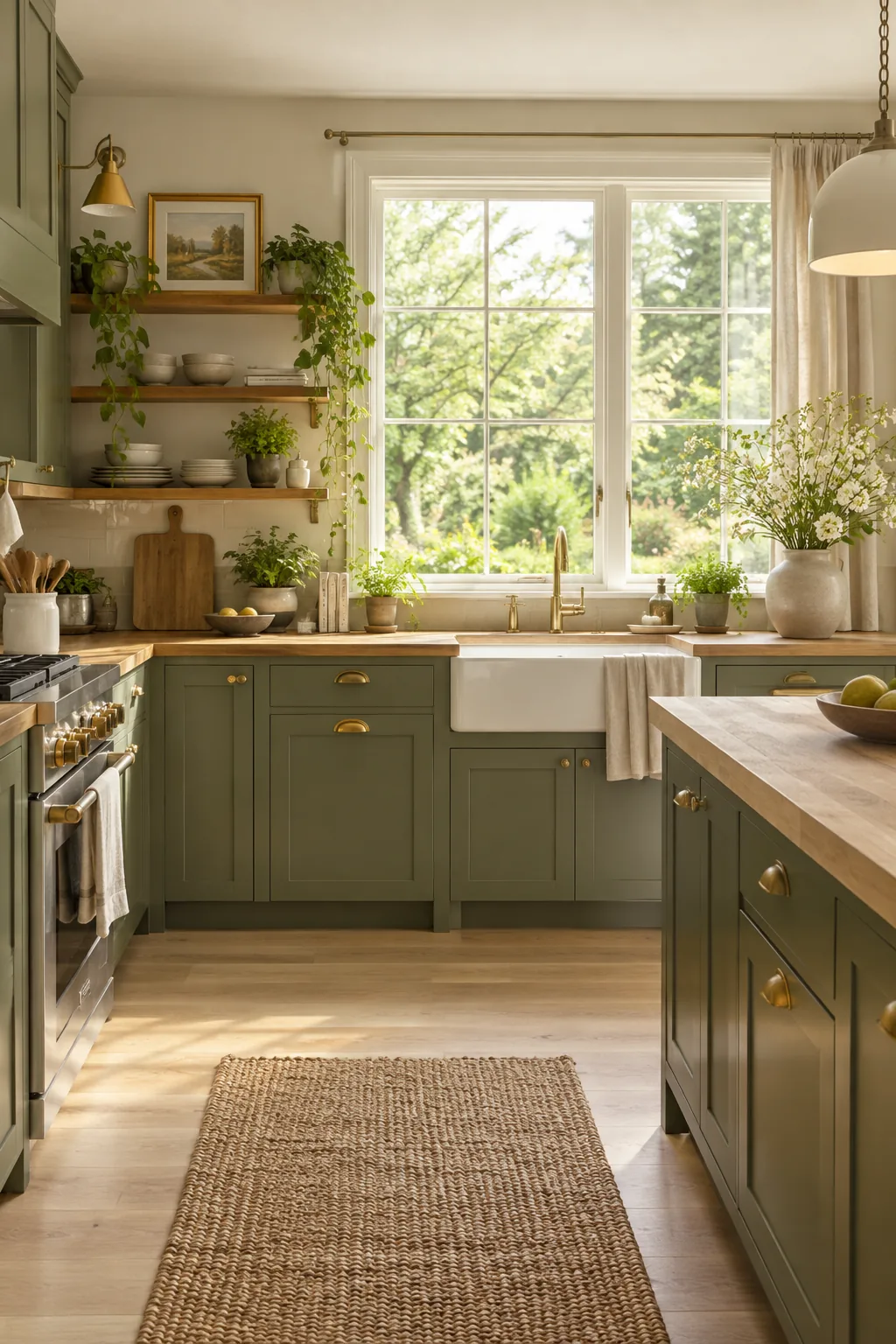 Muted olive green kitchen cabinets with brass fixtures
