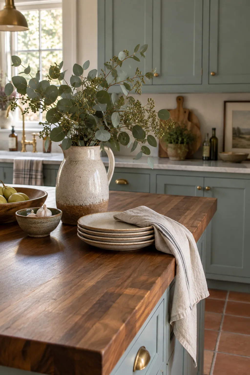 Dusty blue-green kitchen cabinets with walnut butcher block